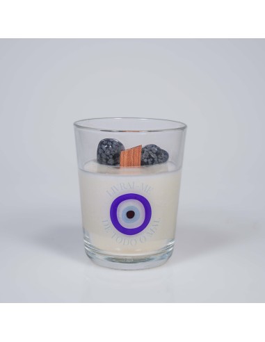 Vela de protección energética con ojo griego y obsidiana nevada para alejar envidia