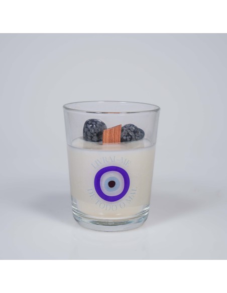Vela de protección energética con ojo griego y obsidiana nevada para alejar envidia