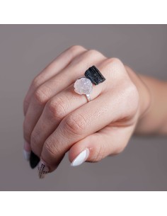 Anel de turmalina negra e quartzo rosa em prata ajustável para proteção energética e cura emocional