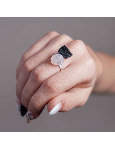 Anillo de turmalina negra y cuarzo rosa en plata ajustable para protección energética y sanación emocional