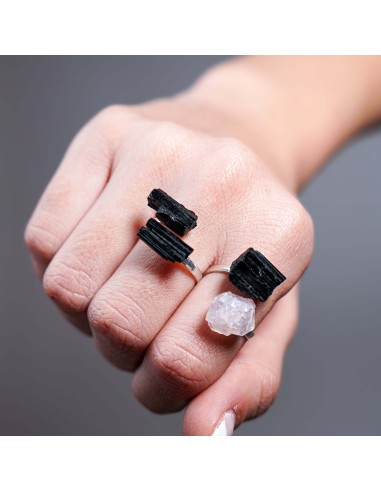 Anillo de turmalina negra y cuarzo rosa en plata ajustable para protección energética y sanación emocional