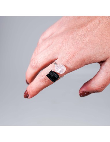 Anillo de turmalina negra y cuarzo rosa en plata ajustable para protección energética y sanación emocional