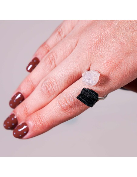 Anillo de turmalina negra y cuarzo rosa en plata ajustable para protección energética y sanación emocional
