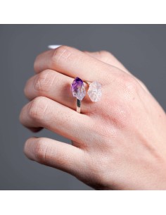 Anel de quartzo rosa e ametista em prata ajustável para amor próprio, equilíbrio emocional e elevação espiritual 2