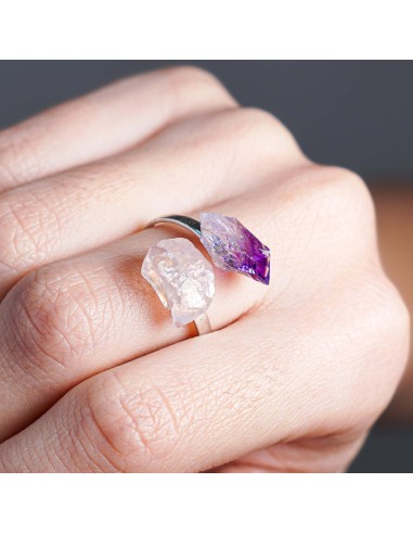 Anel de quartzo rosa e ametista em prata ajustável para amor próprio, equilíbrio emocional e elevação espiritual