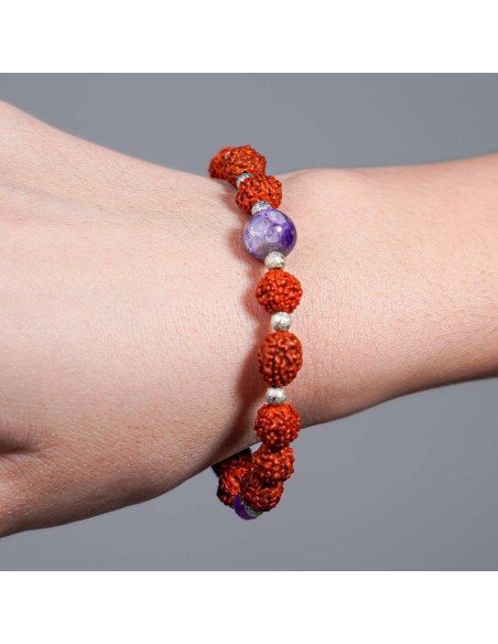 PULSERA DE RUDRAKSHA, AMATISTA Y CHAROITA 8MM