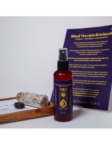 Kit ritual de Mercúrio retrógrado com spray energético e sal para limpeza vibracional, clareza mental e proteção energética.
