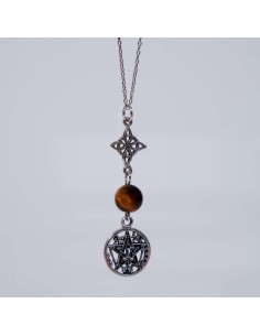 Pendente de olho de tigre com nó de bruxa e Tetragramaton para proteção espiritual, força interior e equilíbrio energético.