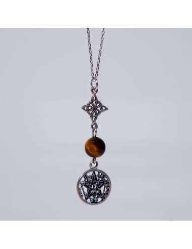 Pendente de olho de tigre com nó de bruxa e Tetragramaton para proteção espiritual, força interior e equilíbrio energético.