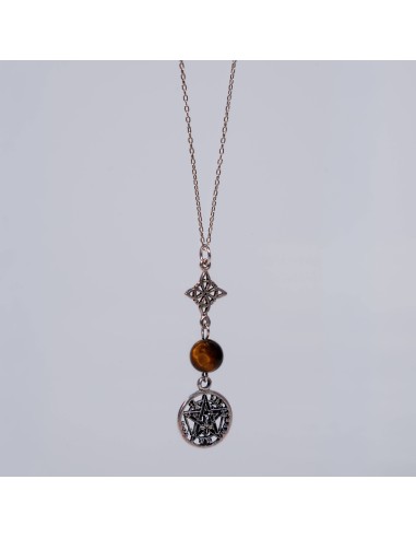 Pendente de olho de tigre com nó de bruxa e Tetragramaton para proteção espiritual, força interior e equilíbrio energético.