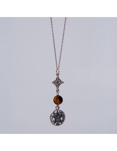 Colgante de ojo de tigre con nudo de bruja y Tetragramaton para protección espiritual, fuerza interior y equilibrio energético.